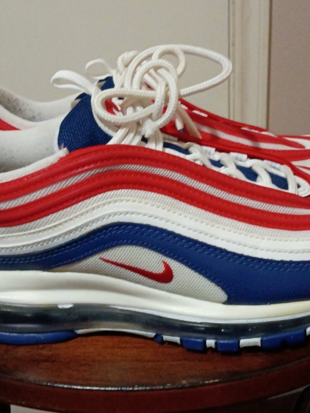 Nike Air Max 97 Mens sz 8.5 mens USA White Red Blue Running Shoes CW5584 100 - Picture 4 of 13